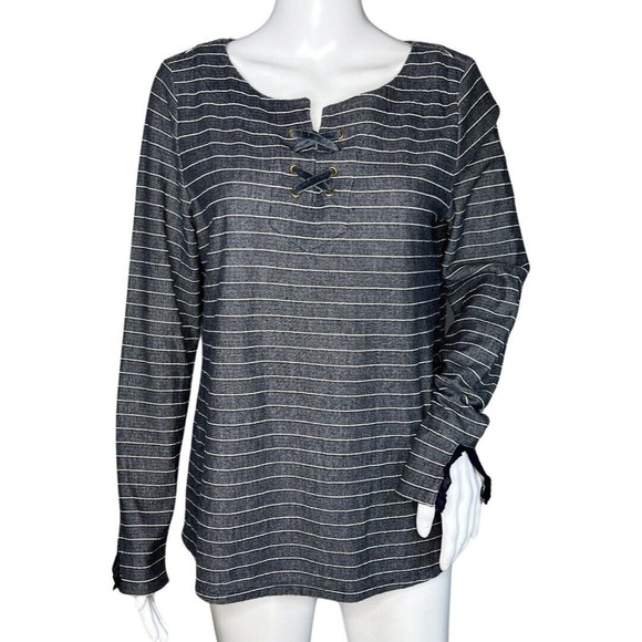 Talbots Shirt Womens Medium Gray White Striped Lightweight Sweatshirt Athleisure - Picture 1 of 8